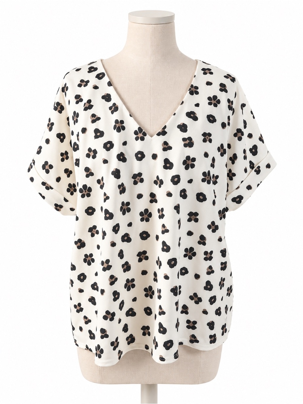 Melloday Cream Black Leopard Print V-Neck Blouse Large Relaxed Short Sleeve